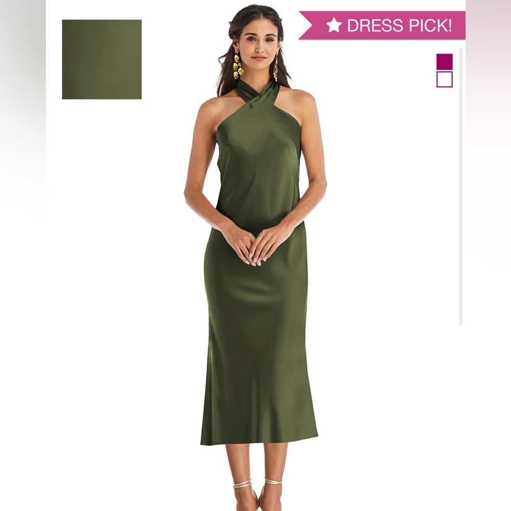 DESSY- TWIST HALTER TIE-BACK MIDI DRESS - PALOMA IN OLIVE GREEN